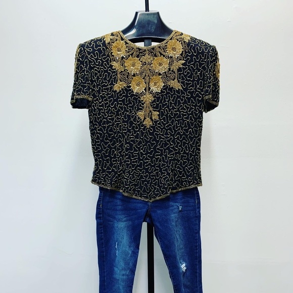 Black and Gold Vintage Beaded Blouse - Picture 6 of 6